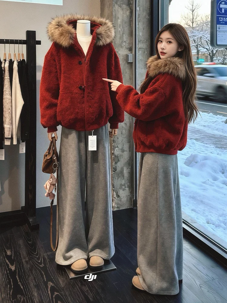 

Spring New Arrival plus Size Fashionable Red Fur Collar Jacket And Casual Pants Set Beautiful Commute Style Women's Ensemble