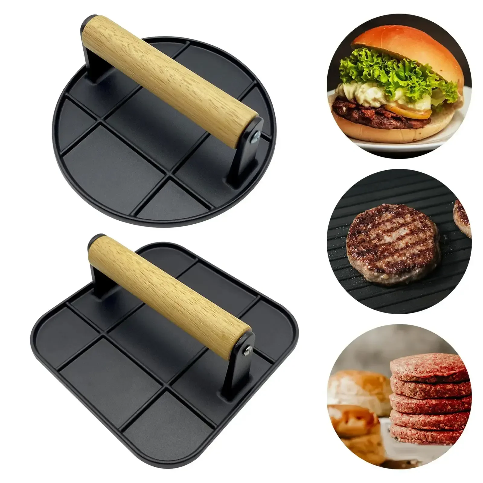 

Meat Press Round and Rectangle Smash Burger Press Grill Press Wood Handle Aluminum Hamburger Patty Maker Burger Smasher
