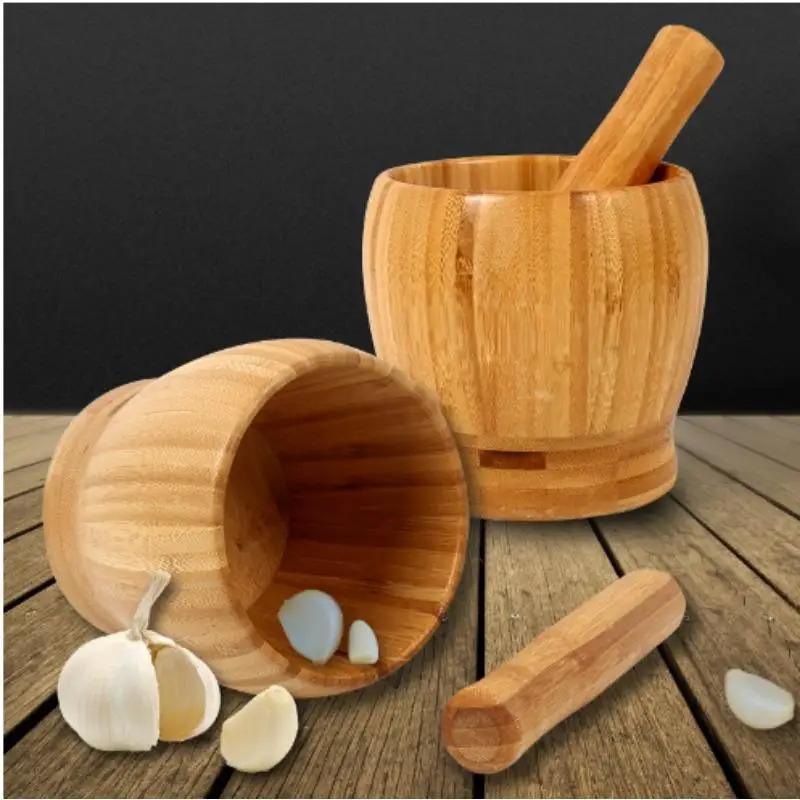 Wooden Mortar and Pestle Set Wooden Spice Pepper Crusher Herbs Grinder Garlic Mixing Bowl Kitchen Tool