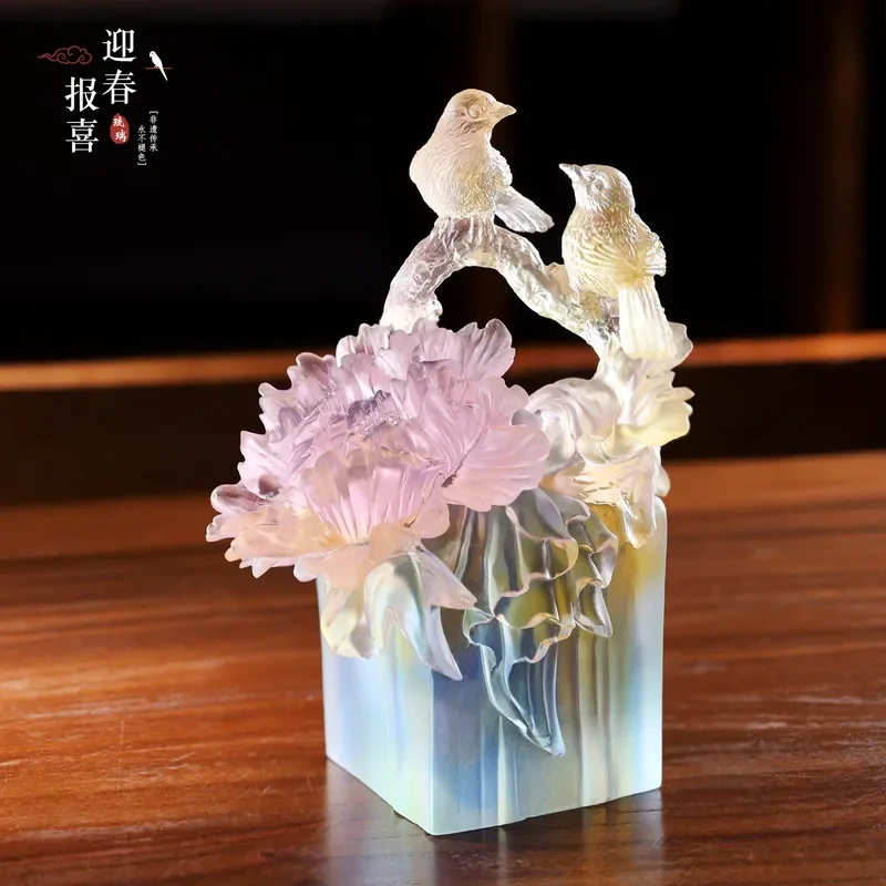 Handmade Glazed Ceramic Magpie Peony Ornament Wedding Gift Bedroom Decor Spring Good Luck Pair Figurine Home Table Accent