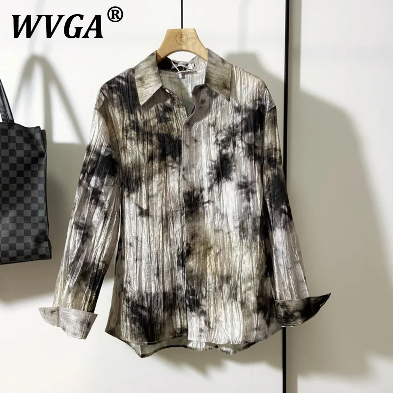 

WVGA Summer New Man Tide High Street Pleated Retro Printed Design Fashion Long Sleeve Shirt Dark Niche Chic Casual Top Ins W9174