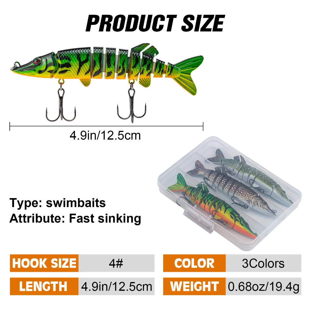 Goture 3Pcs/lot 12.5cm Pike Wobblers Fishing Lures Fast Sinking Hard Multi-Jointed Swimbait 9 Segment Artificial Bait 19.4g