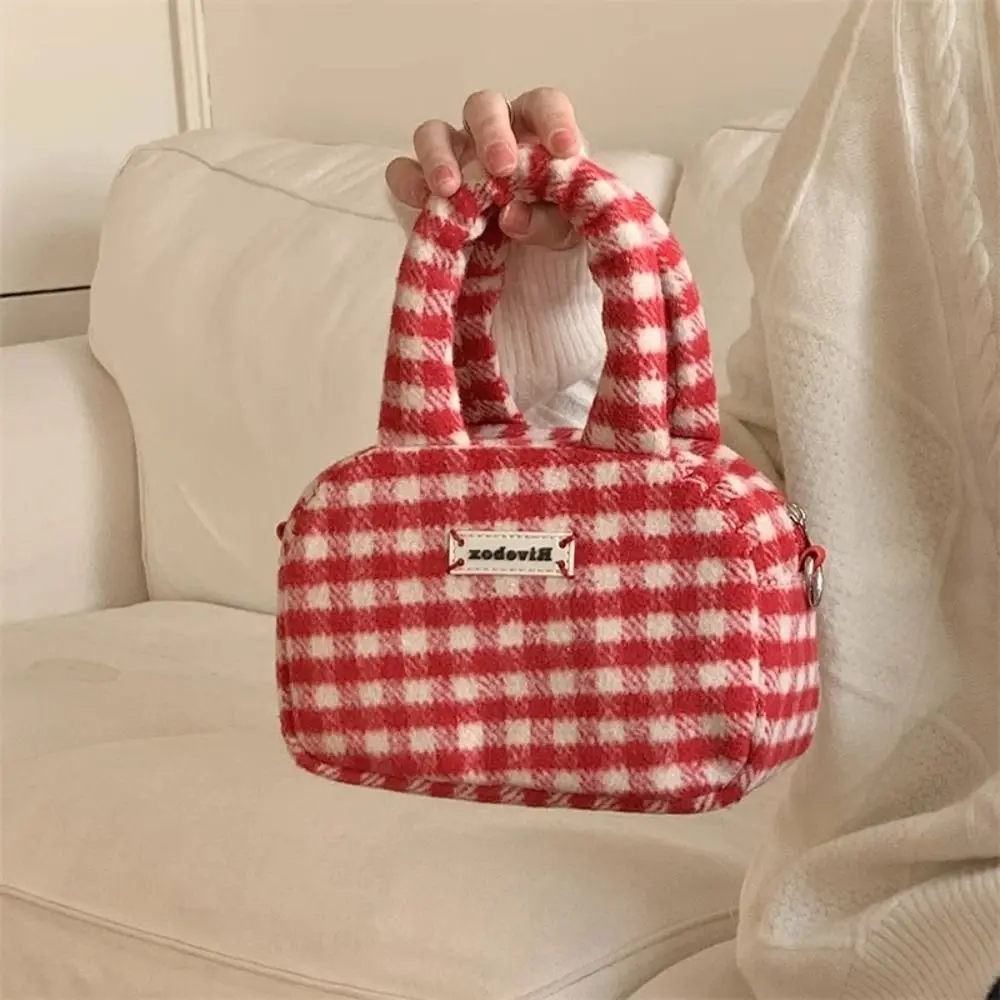 Korean Style Red Plaid Crossbody Bag Sweet Handbag Cute Small Bag Christmas Plush Bag All-match Handbag For Women