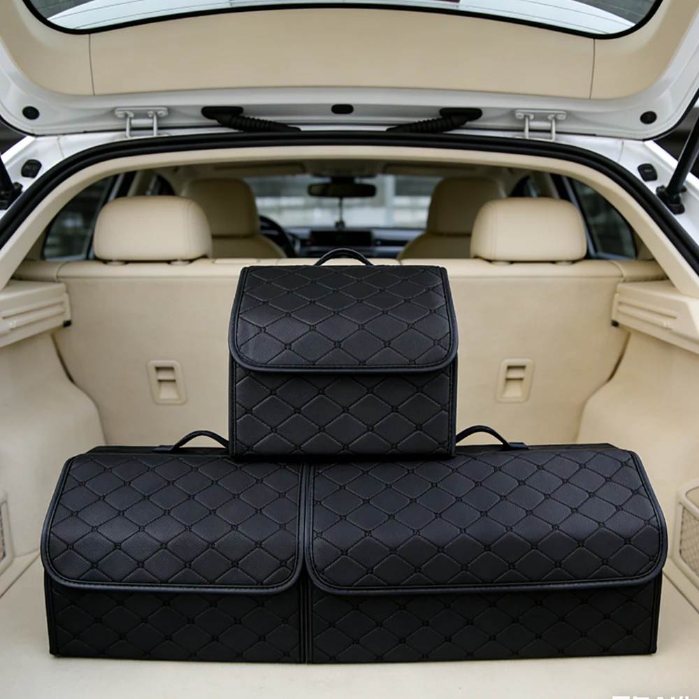 Boîte de rangement pour coffre de voiture, sac de rangement multi-usage automatique de grande capacité, rangement d'urgence pliable en cuir, rangement et rangement