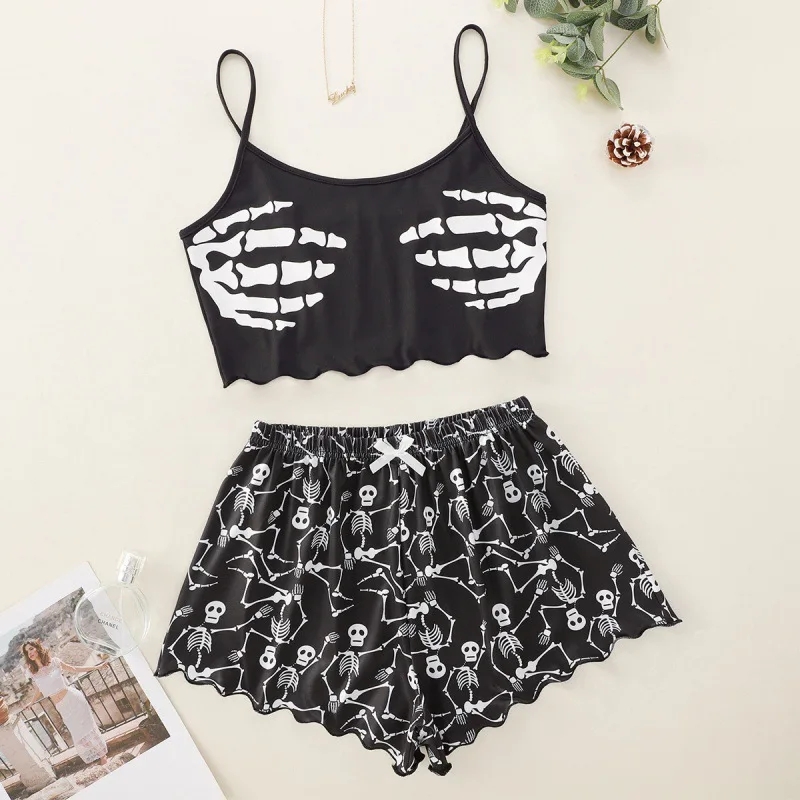 Women 2 PCS Pajama Set Sleepwear Short-Sleeved Tops and Shorts Suit Black Skull Print Ventilate Soft Comfort Loungewear