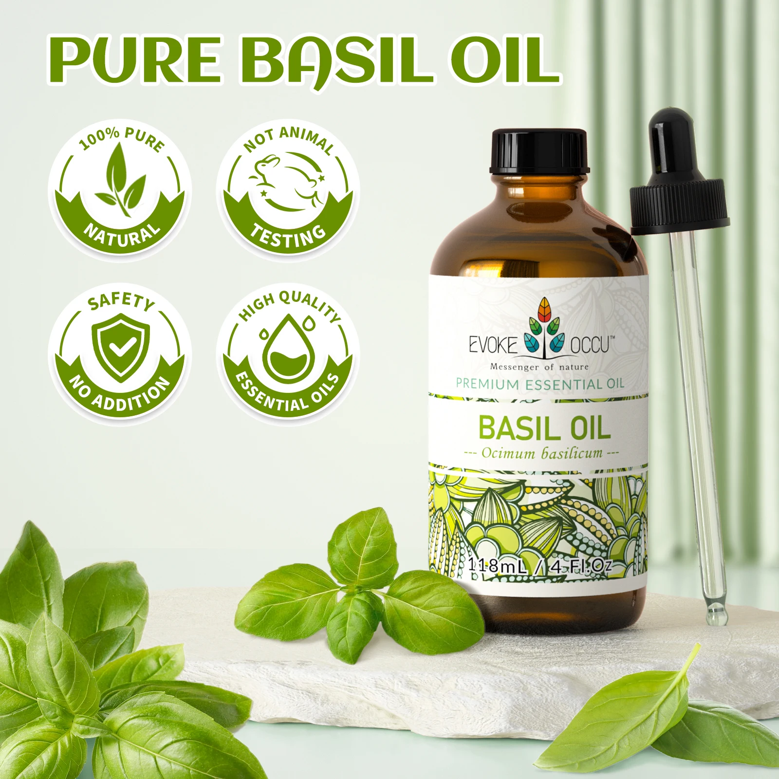 EVOKE OCCU Basil Essential Oils, 118ML/4 Fl.Oz. Premium Plant Oil for Diffuser, Candle Soap Making, Skin, Hair, Massage, Energy,