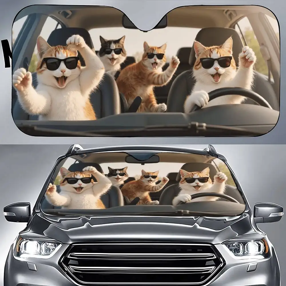 Group Of Cats Wearing Glasses In Car Print Car Windshield Sunshade Foldable Decorative Sun Visor Car Gift