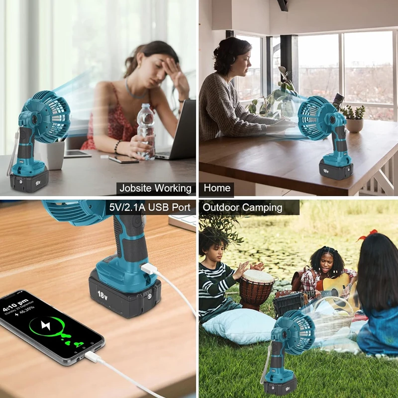 

HOT Portable Cordless Jobsite Fan For Makita/Bosch With Foldable Hook With LED Light Remote Control Outdoor Camping Fan Outdoor
