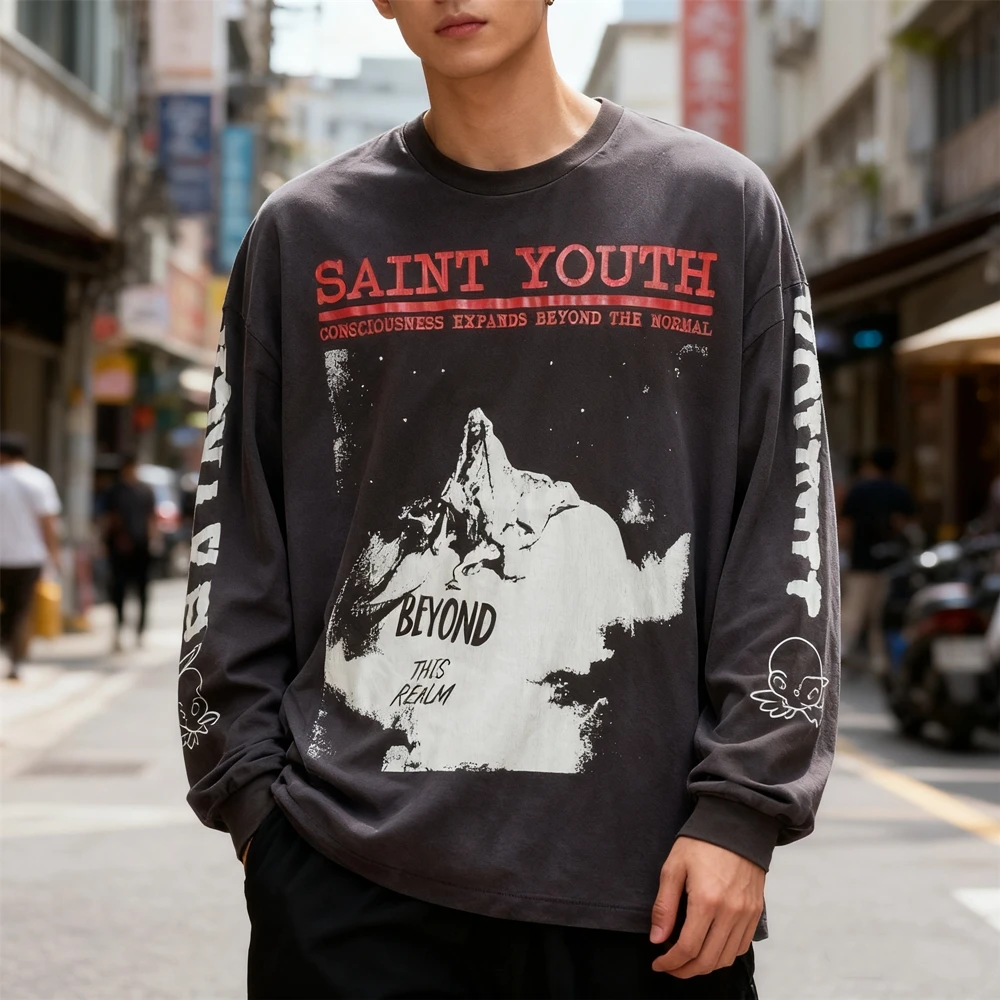 KUCLUT 1:1 أزياء أفضل جودة العلامة التجارية الفاخرة المطبوعة طويلة الأكمام بلايز المتضخم خمر المحملة فضفاضة 100% القطن تي شيرت للرجال