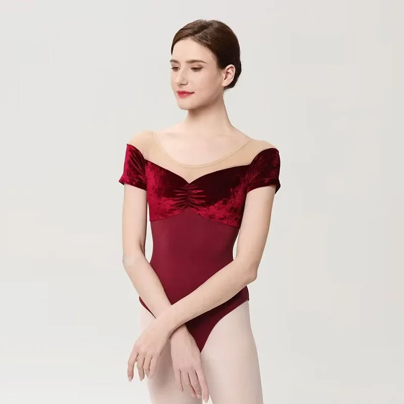 

Балетные трико для женщин, бархатный лоскутный однотонный танцевальный костюм с короткими рукавами для взрослых, балетный тренировочный гимнастический купальник