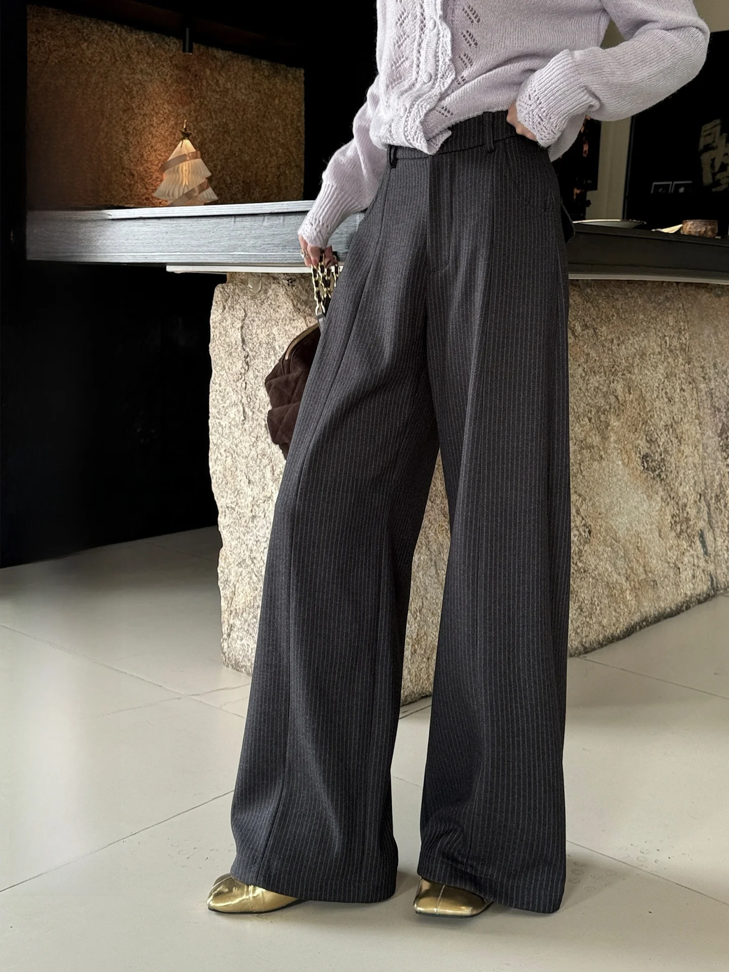 

Gray Striped Woolen Wide Leg Casual Pants Women's Loose Lazy Style Autumn Winter New Arrival Straight Cut Casual Trousers