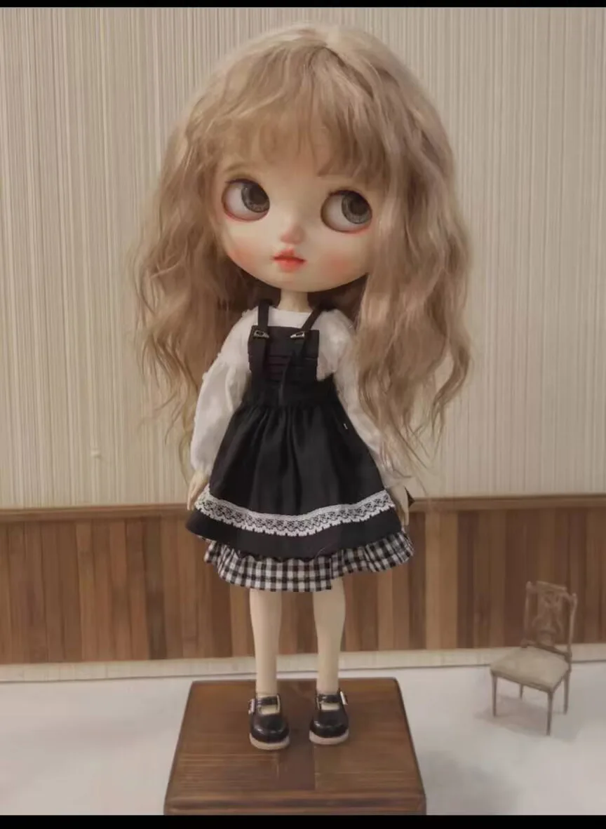 2025 3pcs Blythe Black apron/White top/ Plaid skirt 1/6 30cm(Fit for azone,Pullip,Ob22/24/26, Licca)