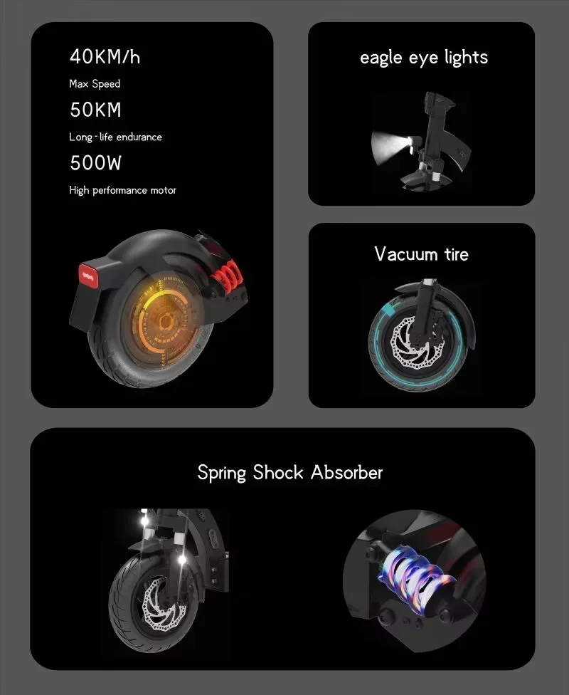 大人用モーター付き電動スクーター,10インチ,500W,最高速度25mph,フロントブレーキ付き