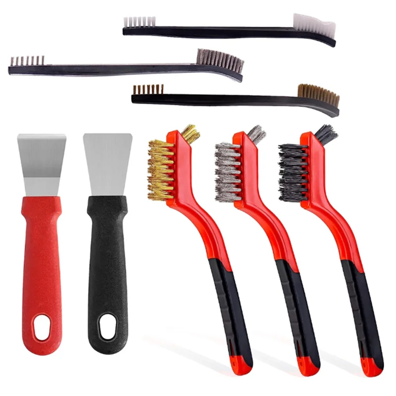 AB47-Wire Brush Set For Cleaning Black & Red Metal+Plastic With Paint Scraper For Rust,Dirt