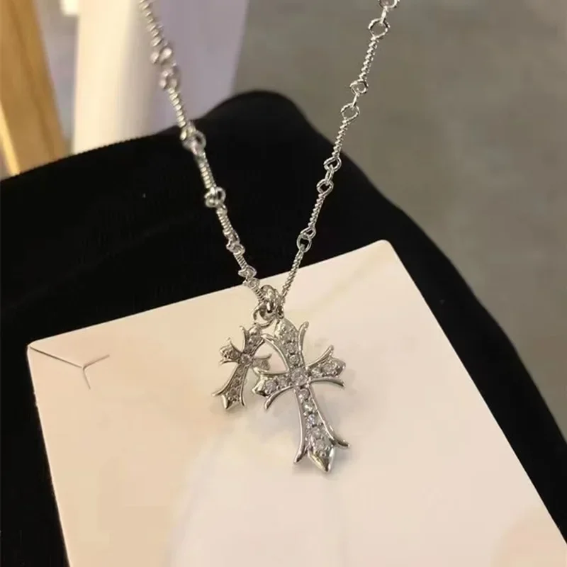 الجمالية خمر مزدوجة الصليب قلادة قلادة رجل فضي اللون سلسلة المختنق الجرونج Goblincore النساء القوطي اكسسوارات مجوهرات