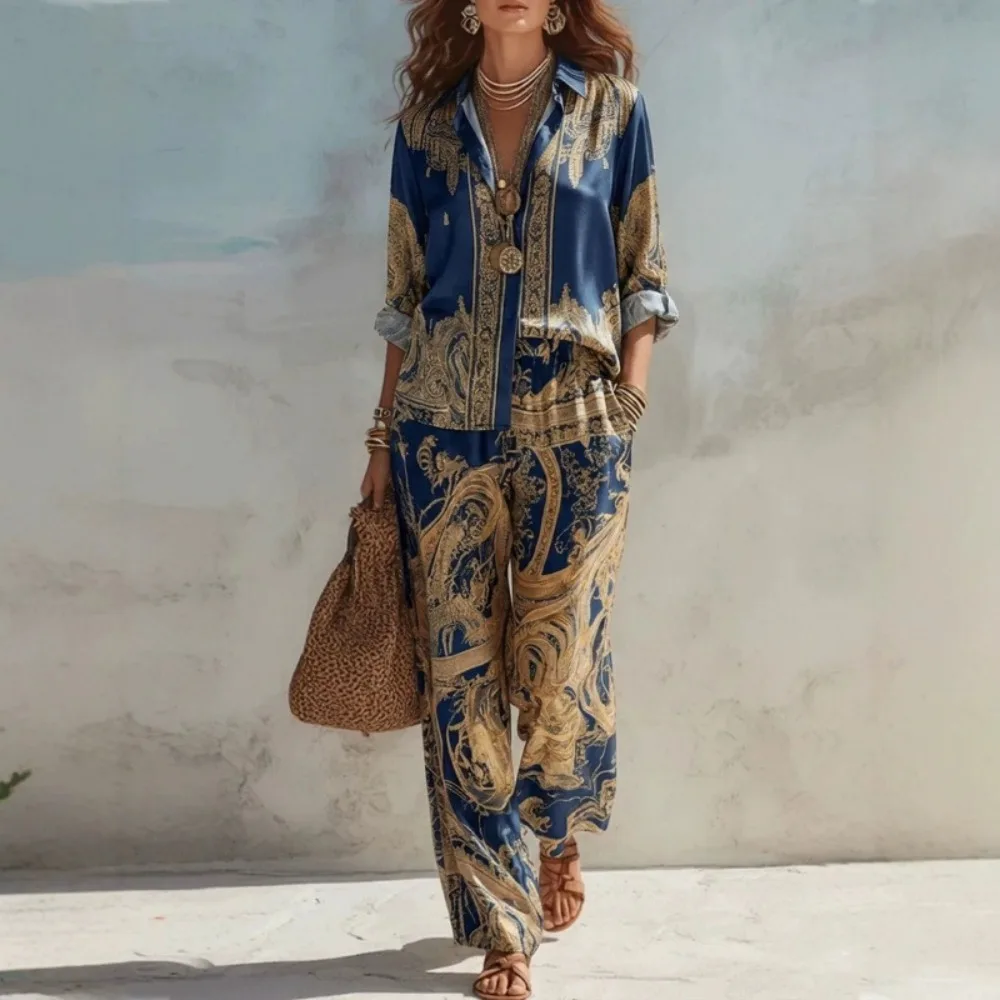 Retro Pattern Printed 2 Pieces Set for Woman Turndown Collar Buttons Shirts Elegant Outfit Spring Fall Wide Leg Trousers Suit