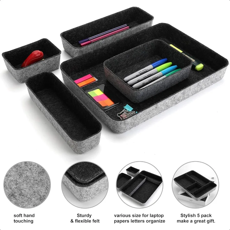 Welaxy, 5 шт., фетровый органайзер для ящиков стола, бумажные лотки для писем, сортировщик файлов, настольные контейнеры для хранения папок для документов, элегантный минимальный