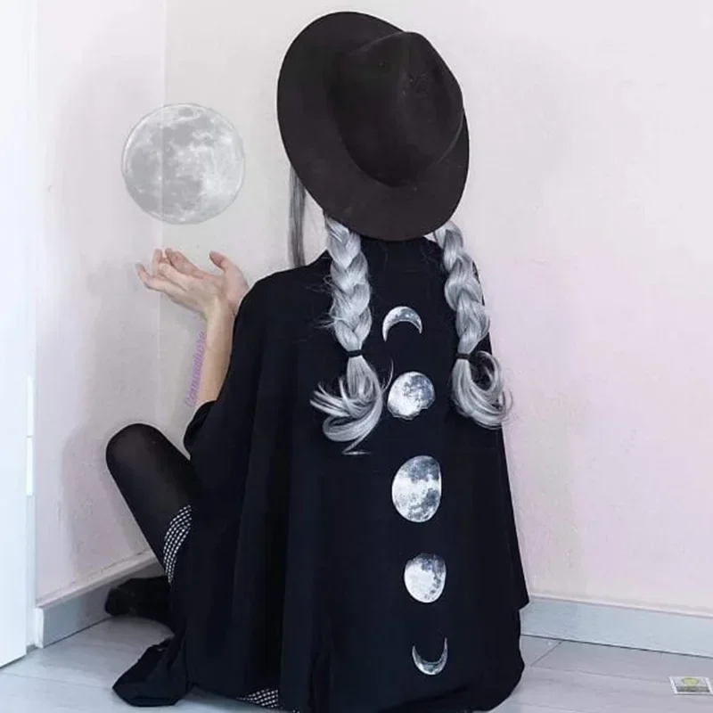 

Black Retro Moon Print Tassel Cloak Female Autumn and Winter Dark Versatile V-neck Loose Top Bat Cloak Goth Jacket Women