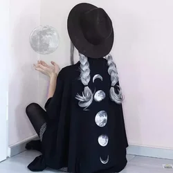 Black Retro Moon Print Tassel Cloak Female Autumn and Winter Dark Versatile V-neck Loose Top Bat Cloak Goth Jacket Women