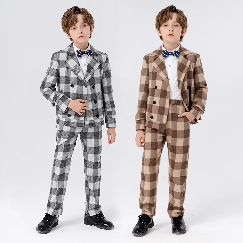 

Boys Formal Plaid Suits Set Autumn Fashion Korean Children Piano Host Performance Wedding Party Costume Kids Blazer Pants Bowtie