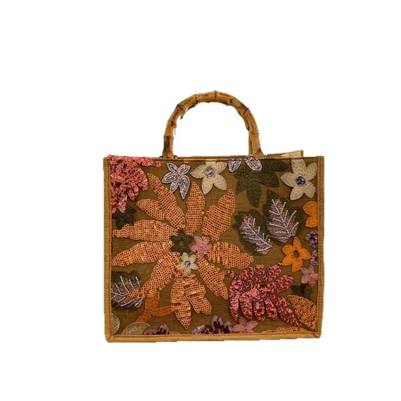 

Large-capacity Flower Embroidered Bamboo-joint Handbag for Women 2026 New Style Fashionable Sequined Linen Tote Bag Sac A Main