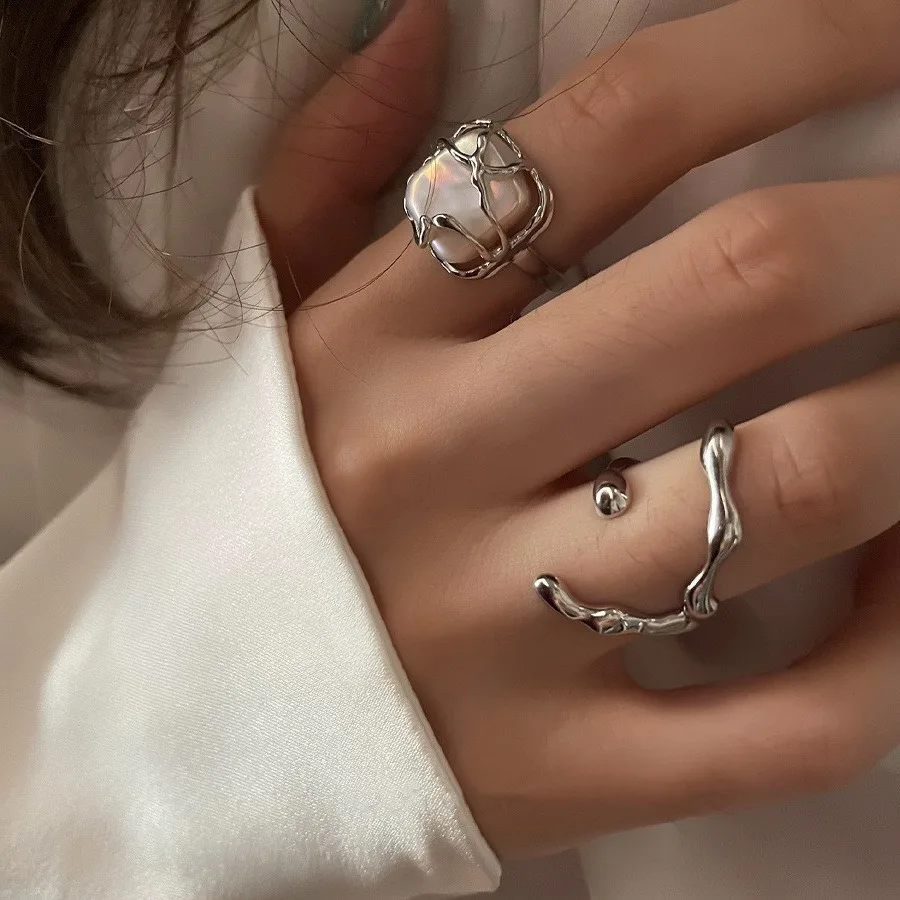 Silver Colour  Rings for Women New Fashion Exaggerated Distorted Lines Geometric Rings Set Party Jewelry