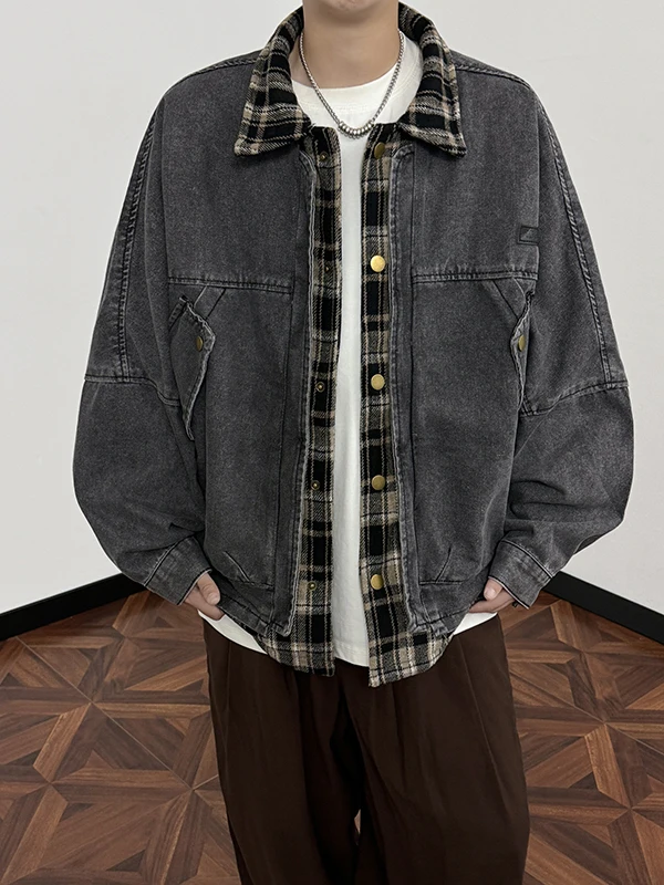 

Trendy Plaid Patchwork Denim Jaet Loose Fit Spring Autumn Men's Workwear Sle Casual Long Sve Collarl Outerwear