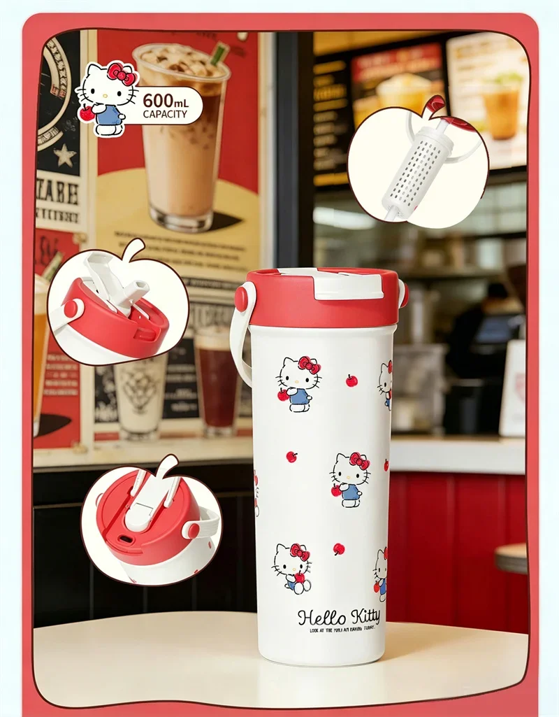 X&W Hello Kitty Theme Insulated Cup 316 Stainless Steel Girl Cute Straw Cups Portable Outdoor Travel Vaccum Flask Perfect Gift