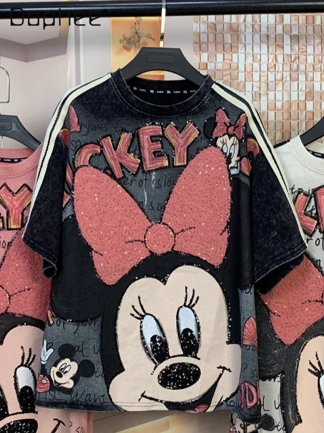 

Fashion Brand Heavy Craft Bow Cartoon Print Sequin Loose Short Sleeve T-Shirt for Women Oversized T-Shirt