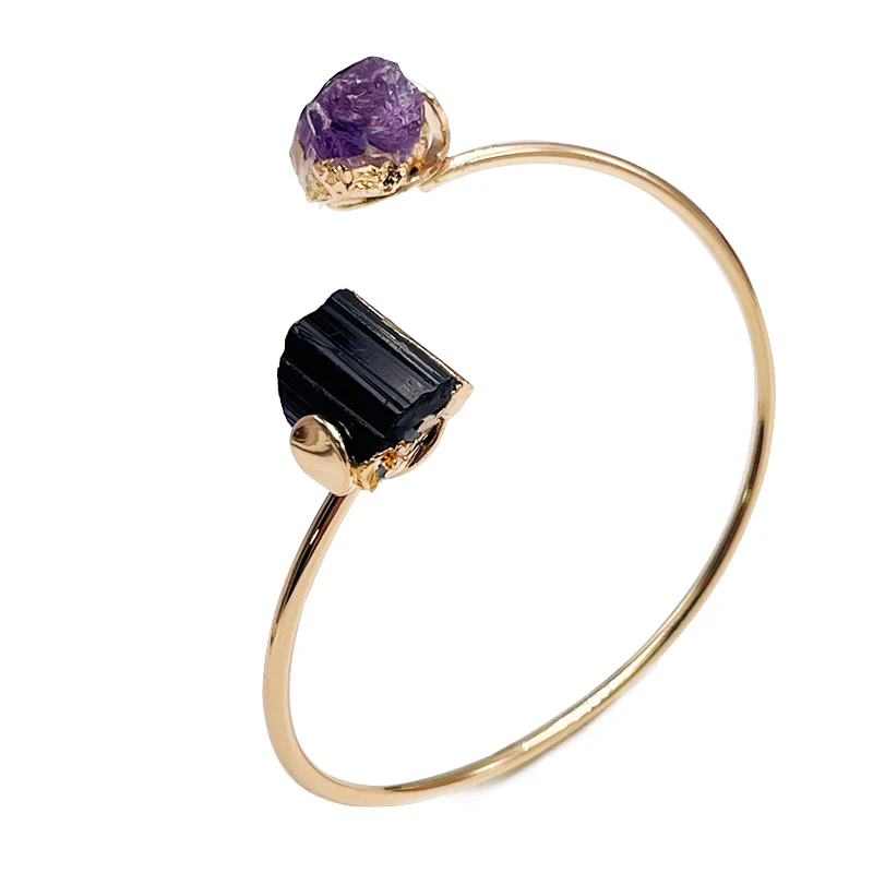

Irregular Raw Amethyst Open Cuff Bangles for Women Girls Gold Plated Black Tourmaline Bracelets Wedding Party Gift