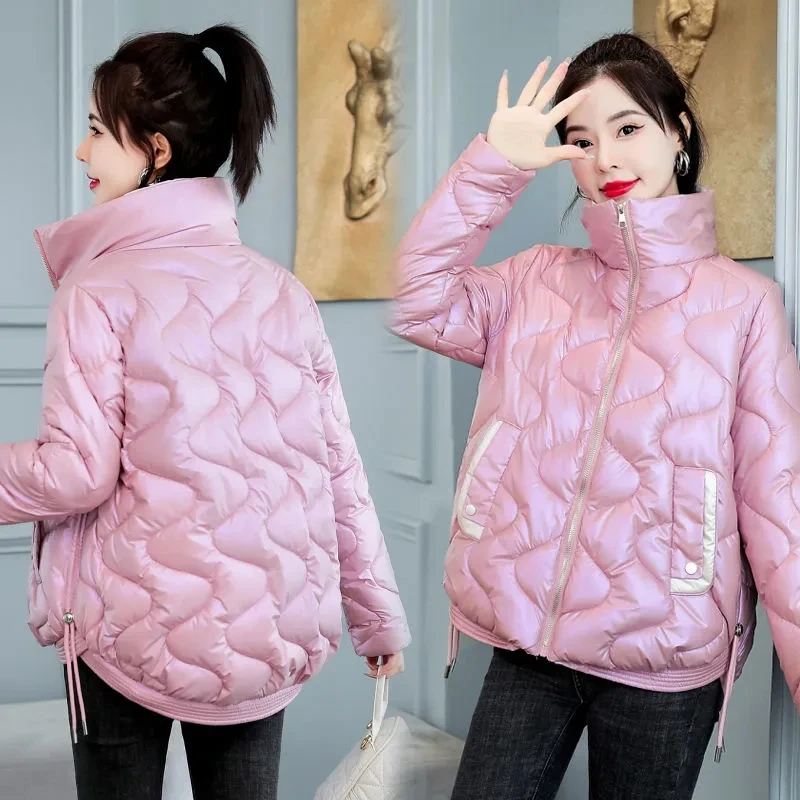 

Winter Glossy Jacket Women's 2023 New Korean Loose Stand collar Cotton padded Coat Thicken Parkas Short Female Casual Coat Tops