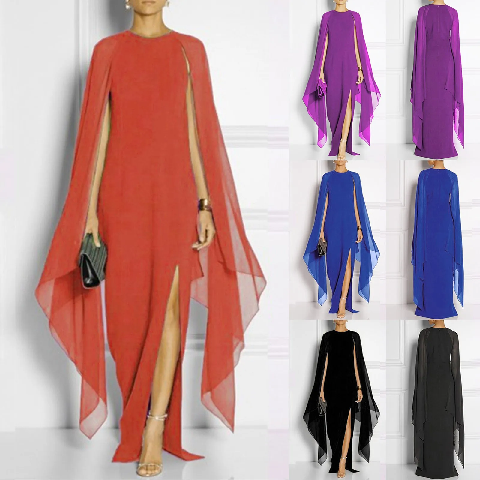 

Fashionable Solid Color Slit Irregular Formal Long Skirts Round Neck Slimming Fit Chiffon Comfortable Evening Dresses For Women