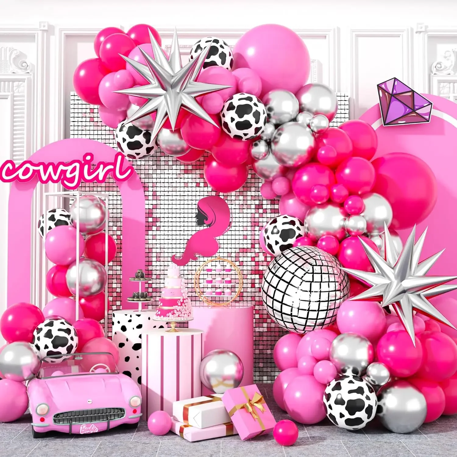 108 Uds. Kit de arco de globos de plata y rosa fuerte, globos de aluminio Starburst 4D para discoteca, decoración para fiesta de cumpleaños y Día de San Valentín para bebés y niños