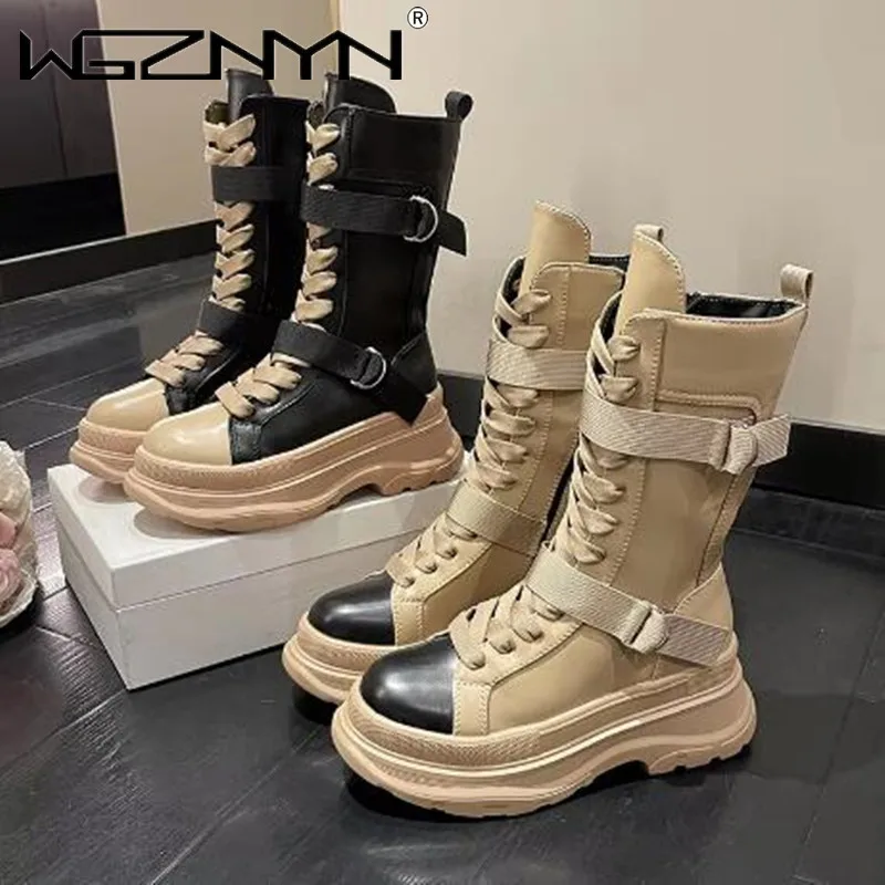 NEW Chunky Platform Women's Boot Autumn Winter Punk Goth Lace-Up Zip Motorcycle Boots Woman Thick Bottom Non-Slip Ankle Booties