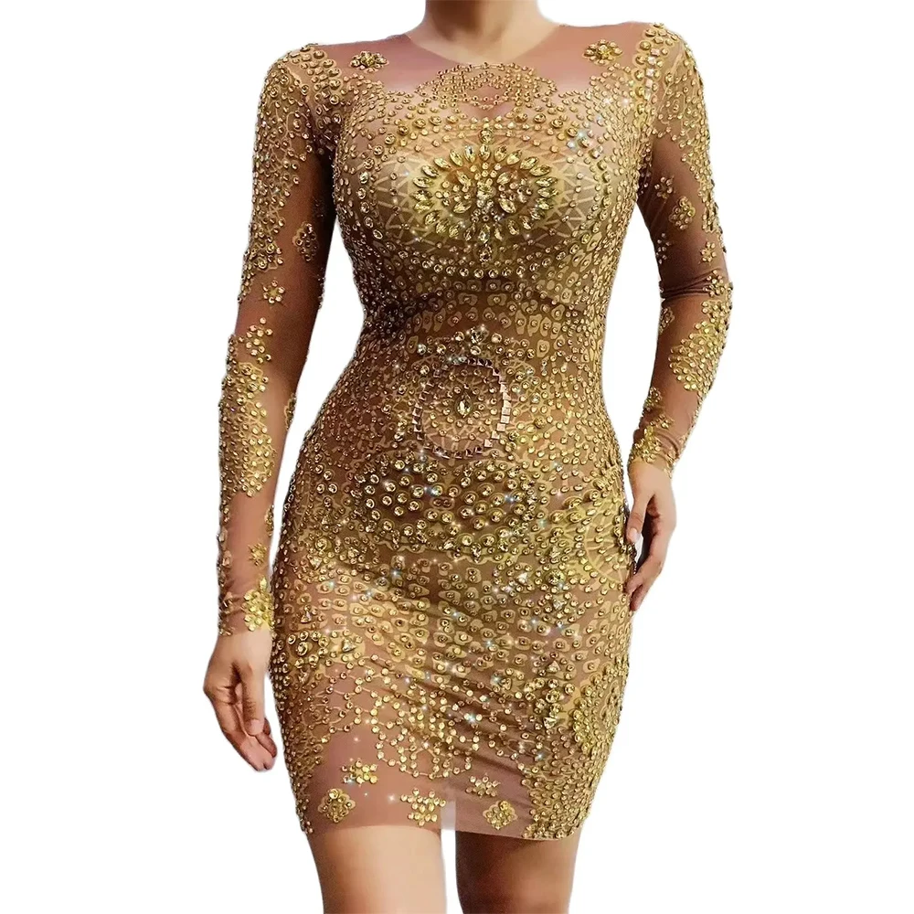 

Sexy Gold Rhinestones Transparent Dress Evening Birthday Celebrate Long Sleeves Dress Women Dance Performance Photoshoot Dress