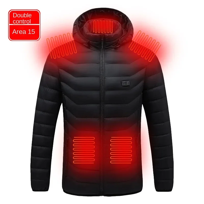 Men's 15-zone Dual-control Heating Suit Black USB Intelligent Temperature Control Safety Warm Hooded Jacket Outdoor Tooling Coat