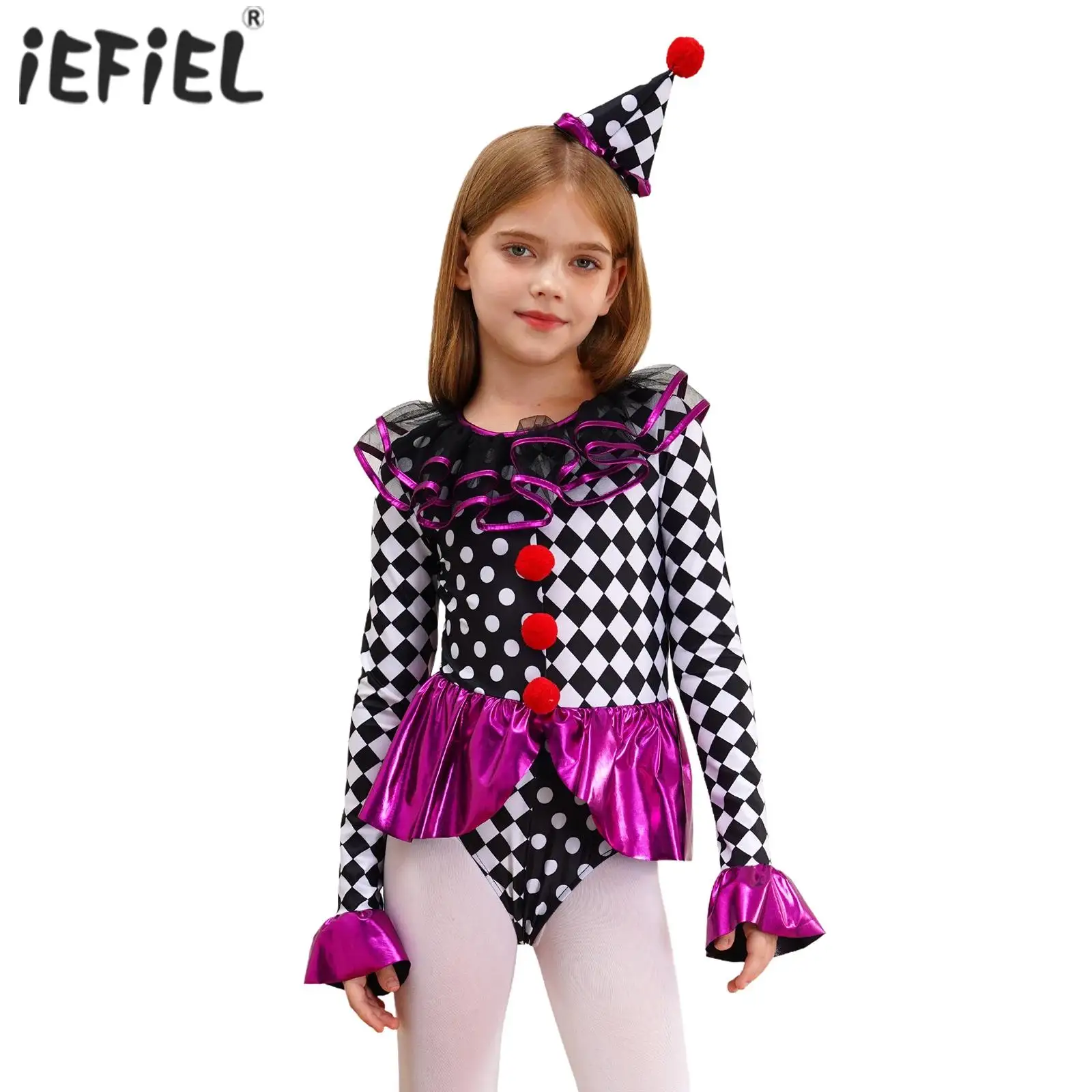 Kids Girls Circus Clown Cosplay Costume Halloween Carnival Leotard Long Sleeves Ruffle Checkerboard Polka Dots Bodysuit Dress Up