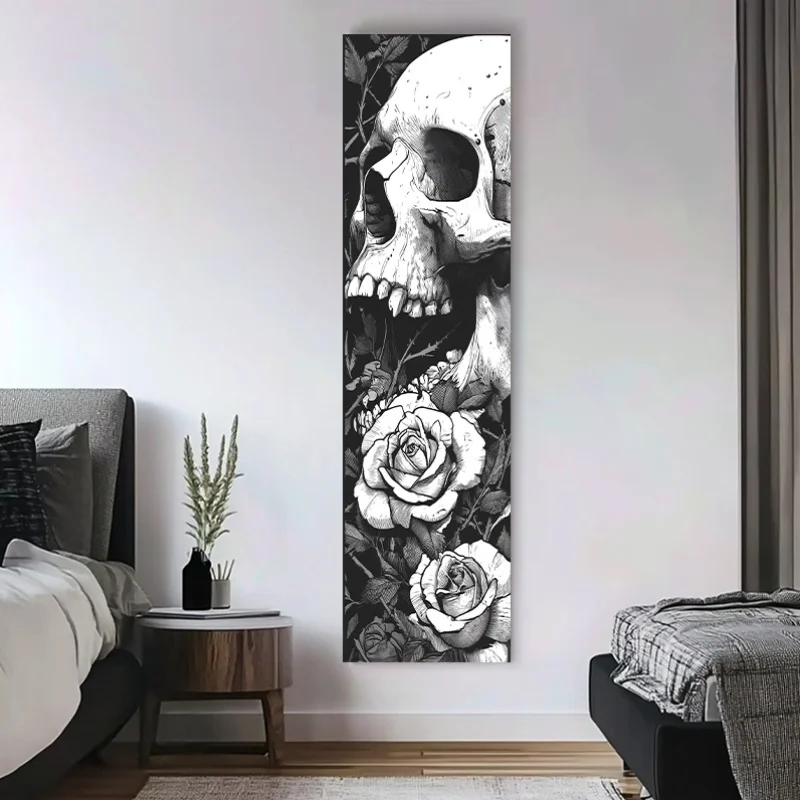 VIKAMA Black and White Sketches Skeleton Rose Tapestry - Dark Wall Hanging for Gothic Room, Funeral Aesthetic Decor