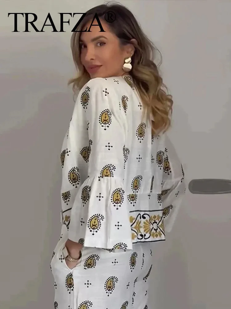 TRAFZA Women Fashion Paisley Embroidery Blouse Pant Sets Long Sleeve Cardigan O Neck Coat Straight Trousers Casual Streetwear