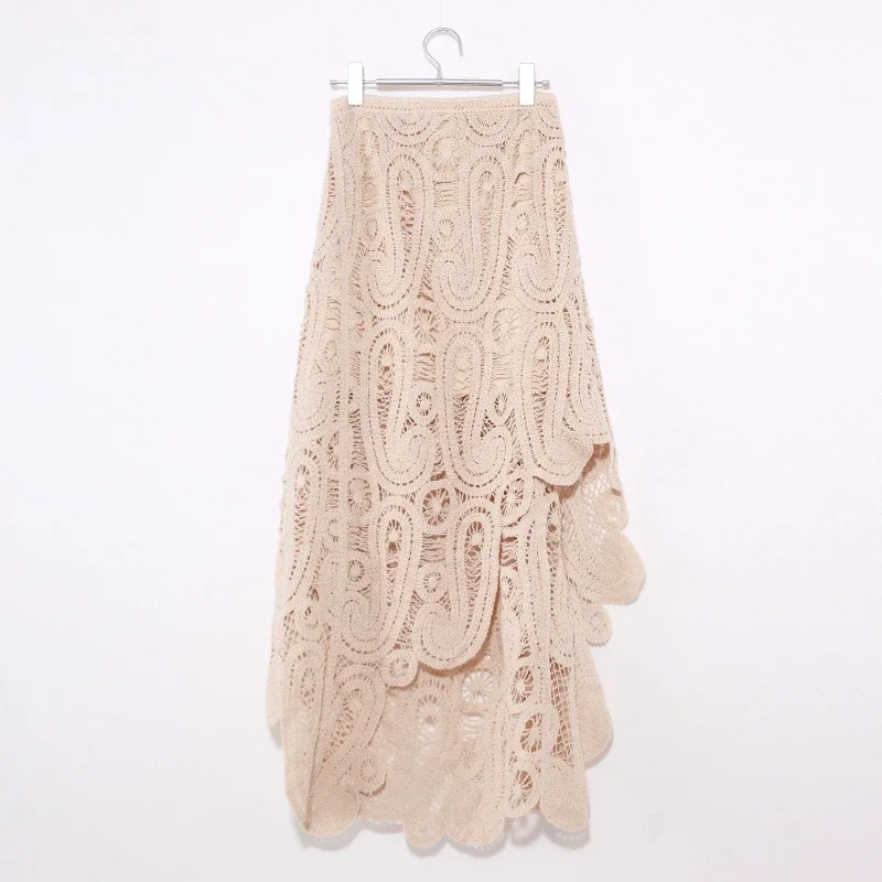 

Vacation Style Lace Splicing Hollow Out Skirts A-Line Cotton Summer New Women's Hook Flower Hollow Elastic Waist Half Skirt