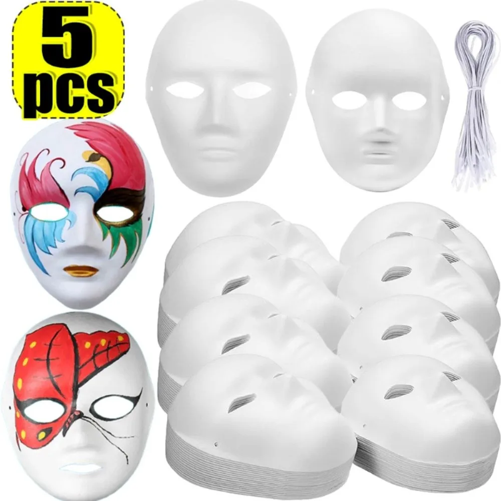 5Pcs New White DIY Full Face Masks Blank Surface Face Cover Paper Mache Masks Painting Paintable Craft Masks Gifts