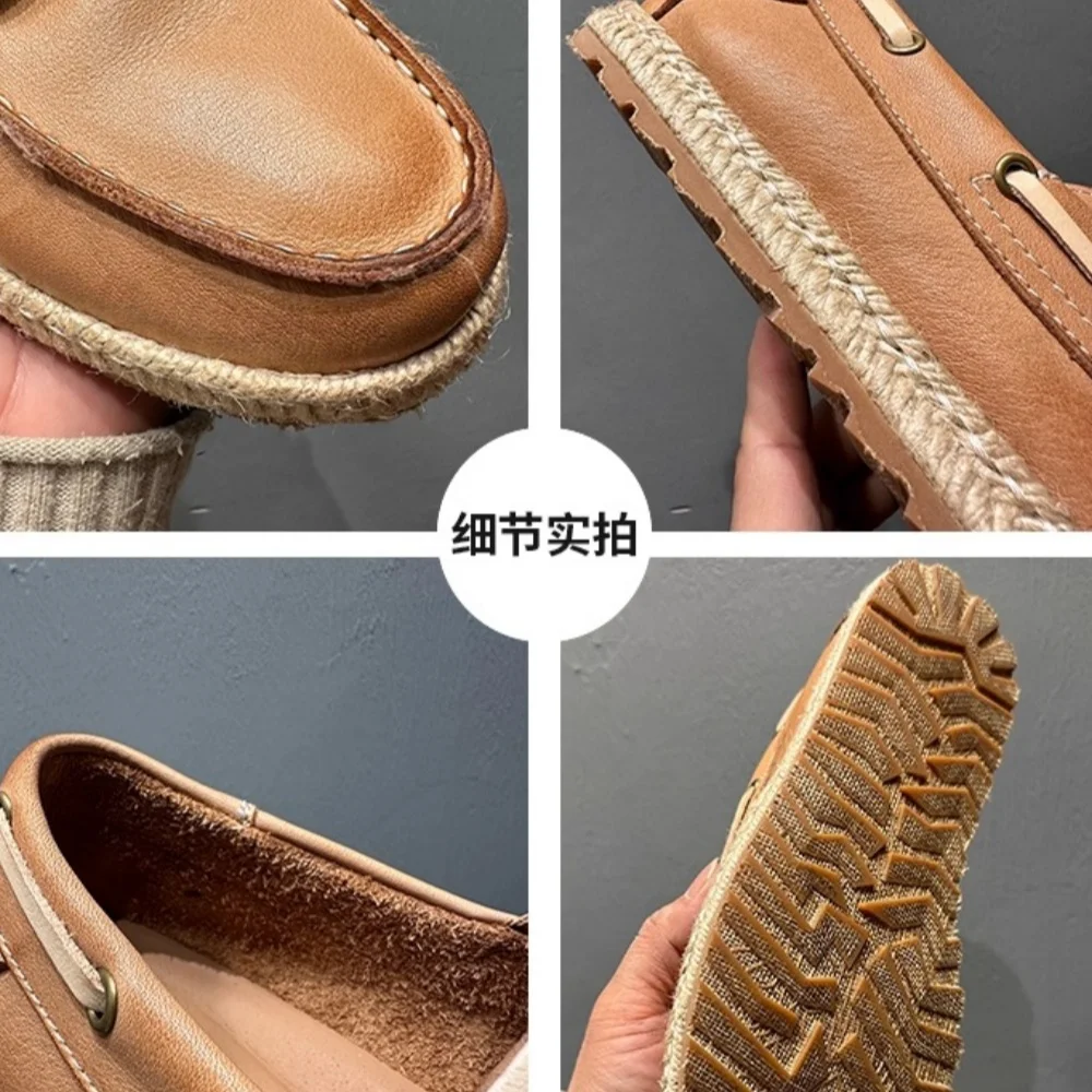 QHCCID 남성용 레트로 수제 캐주얼 신발 천연 가죽 통기성 부드러운 소가죽 보트 피셔맨 슈즈