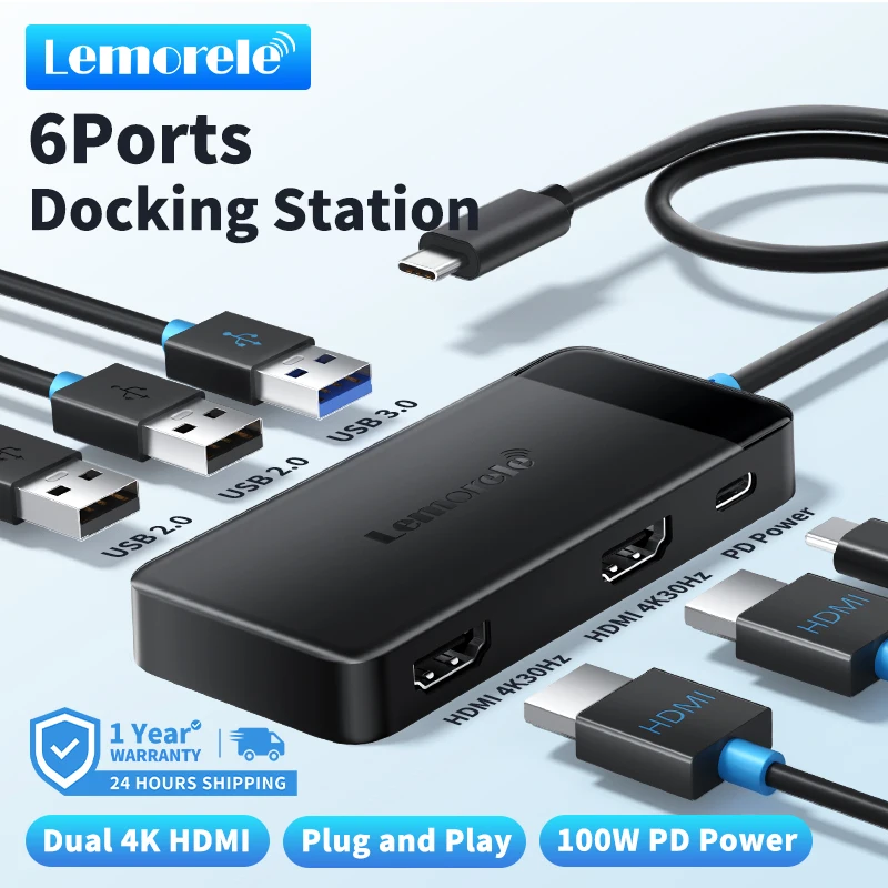 Lemorele TC122 USB-C-Hub Dual HDMI 4K Dockingstation USB 3.0 PD 100W Typ-C-Anschluss für Macbook iPad M2 M1 Steam Deck