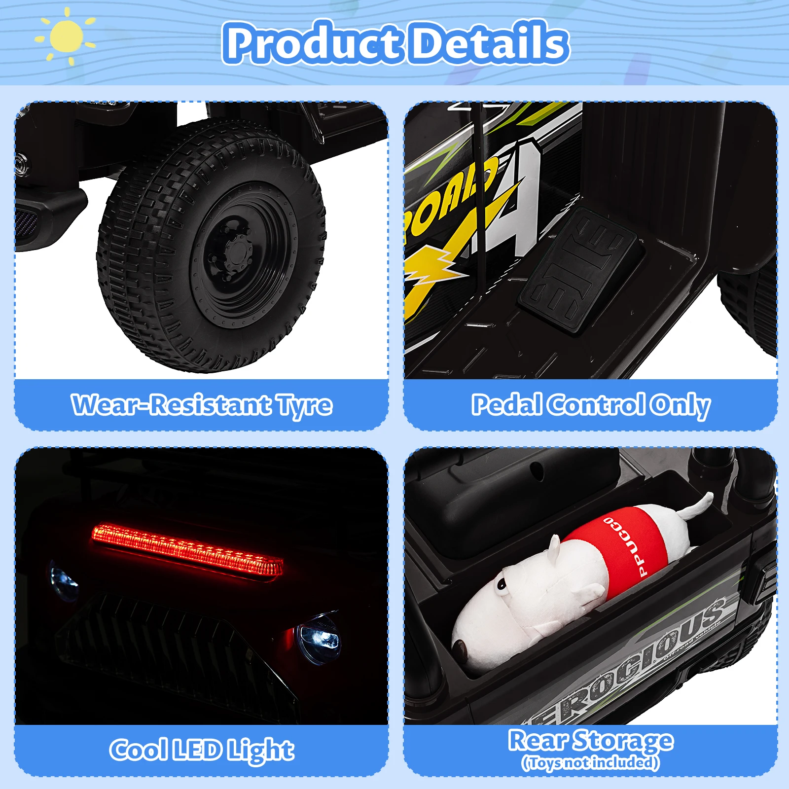 6V Ride On Car Battery Powered Electric Car for Kids with LED Light FM Horn Rear Storage Riding 4 Wheels Toy for Aged 3-6 Years