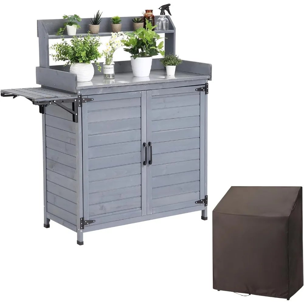 

Outdoor Potting Bench Table Storage Cabinet, Wooden Planting Workstation with Open Shelf & Galvanized Tabletop, Planting Table