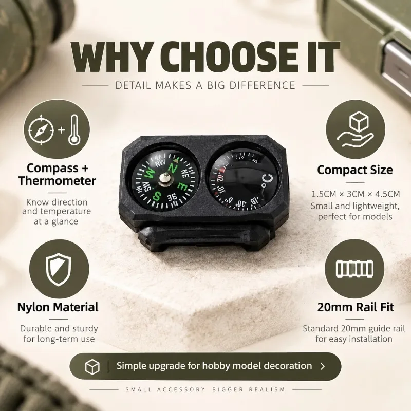Mini Nylon Compass Thermometer Combo Decorative Hobby Parts Compatible with 20mm Standard Rail
