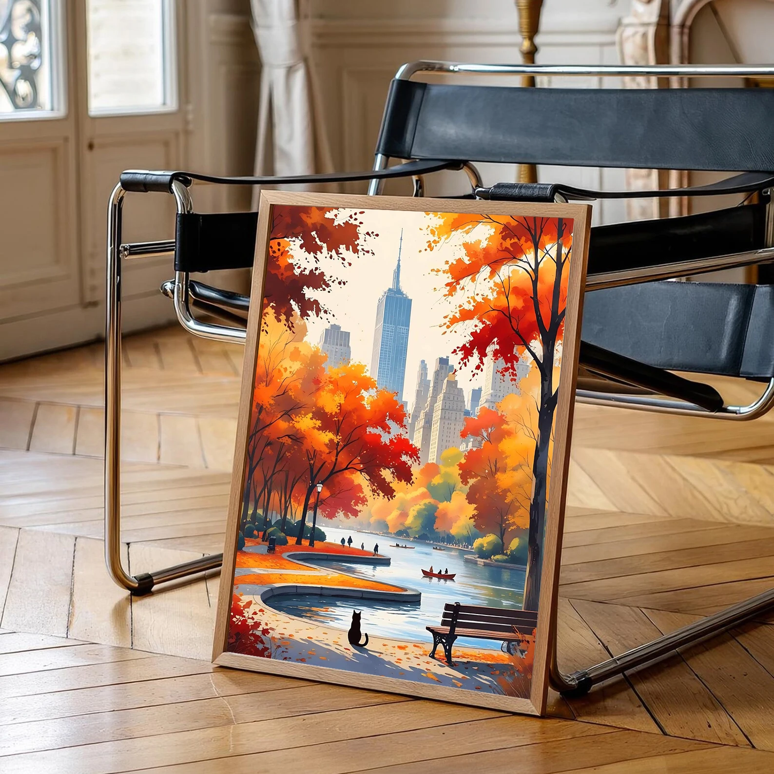 

Fall wall art prints of Central Park New York Fall landscape canvas posters City view with cats Home living room decorations