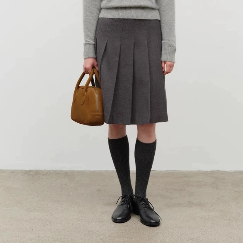 

Юбка-миди с высокой талией, плиссированная, А-силуэт, для офиса, простая, осенняя, модная, однотонная, в стиле ретро