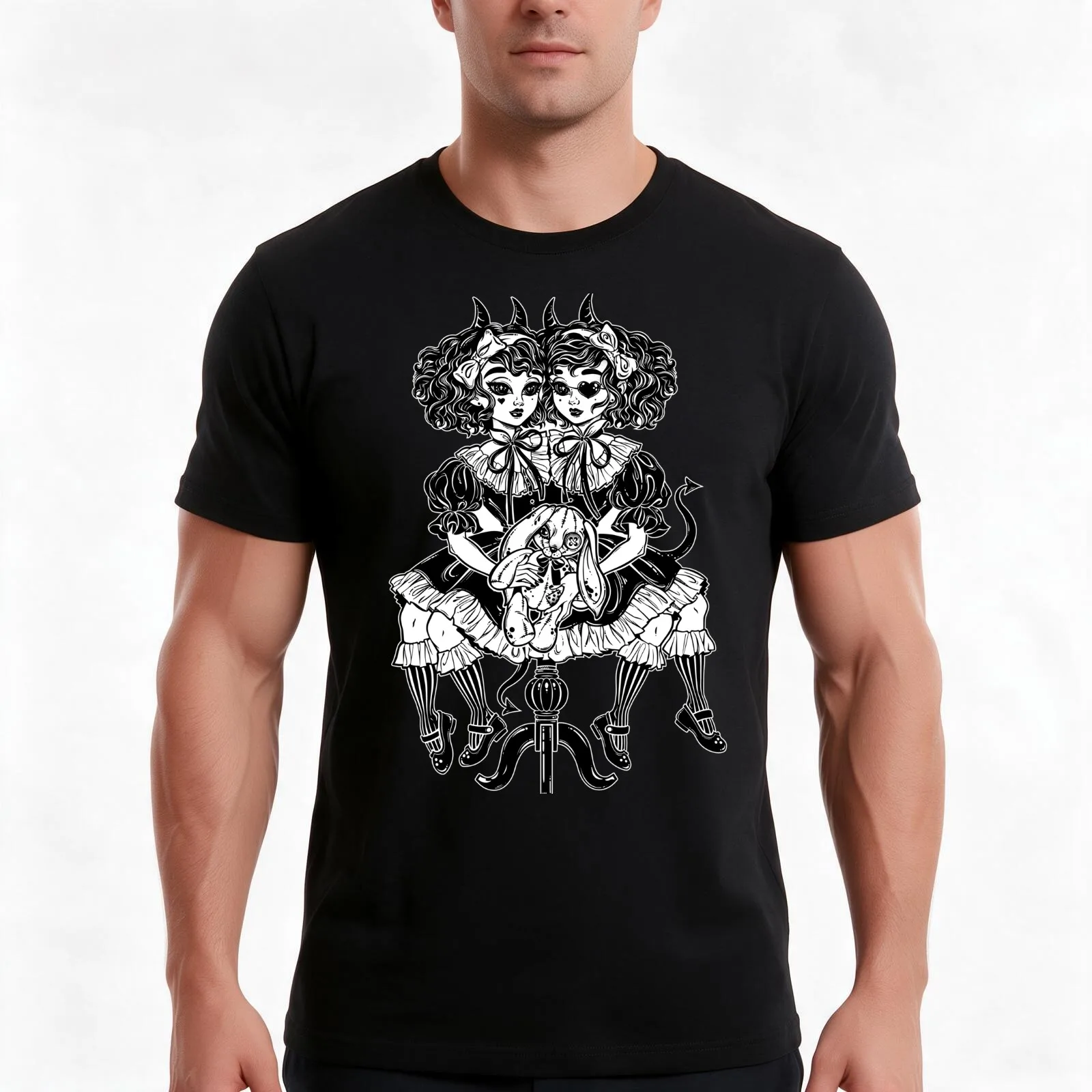 Gothic Victorian twin siamese demonic girls with voodoo stuffed toy and imp horns. T-Shirt