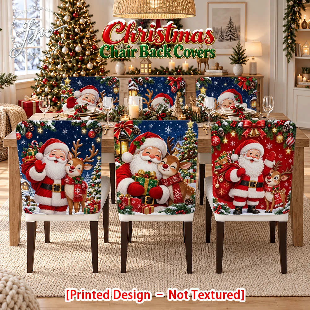 2/4/6pc Christmas Santa & Reindeer Chair Back Covers Festive Dining Room Seat Slipcovers for Holiday Decor